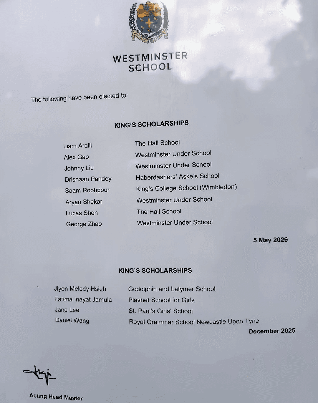 华裔学生更会考试？威敏斯敏斯特公学公布最新国王奖学金名单！